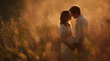 A loving couple embracing, the woman visibly pregnant, tender moment, emotional connection, family anticipation, happiness, warmth, intimacy, expecting baby joy and love.
