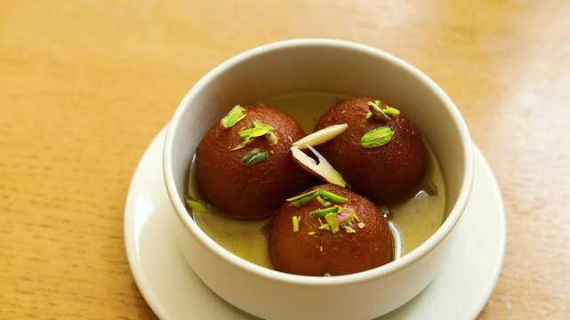Gulab jamun or kala jaam an indian fried dessert dipped in sugar syrup