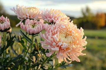 Beautiful Chrysanthemum Fields at Sunrise During the Golden Hour of Early Morning
