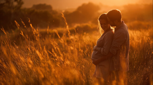 A loving couple embracing, the woman visibly pregnant, tender moment, emotional connection, family anticipation, happiness, warmth, intimacy, expecting baby joy and love.