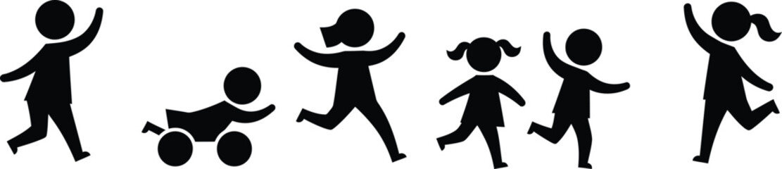 Illustration of Minimalist vector design of children playing outdoor by a world-class graphic designer. black and white,  no text, minimalist, abstract, clean white b © Tharindu