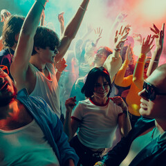 Vibrant party scene with diverse crowd dancing under colorful lights. Concept of nightlife, party,...