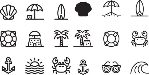Beach vacation icons including shells surfboards umbrellas and crabs vector
