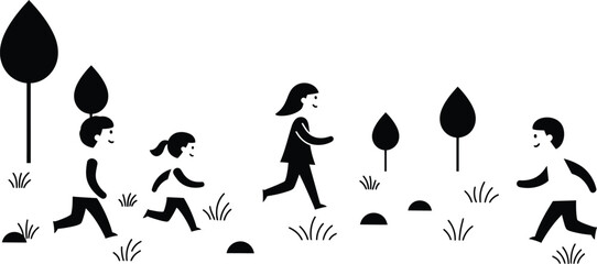 Illustration of Minimalist vector design of children playing outdoor by a world-class graphic designer. black and white,  no text, minimalist, abstract, clean white b © Tharindu