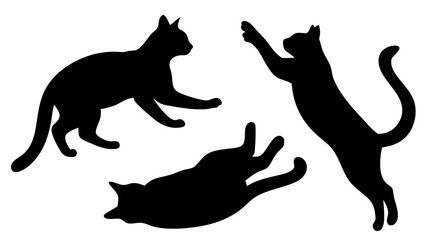 Cat silhouettes vector illustration set. Collection of black cat shapes in various poses, isolated on white background. Perfect for pet, animal, and decorative design projects.