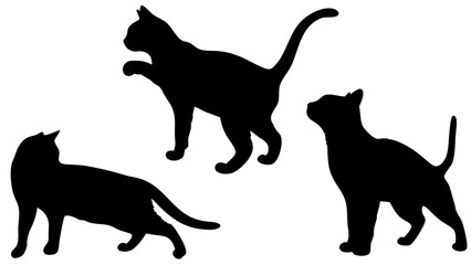 Cat silhouettes vector illustration set. Collection of black cat shapes in various poses, isolated on white background. Perfect for pet, animal, and decorative design projects.