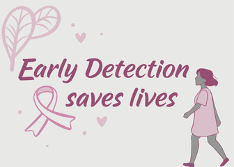 Breast Cancer Awareness Early Detection Saves Lives with Ribbon Hearts Woman Walking and Leafy Tree