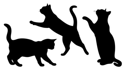 Cat silhouettes vector illustration set. Collection of black cat shapes in various poses, isolated on white background. Perfect for pet, animal, and decorative design projects.