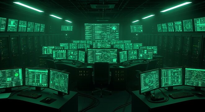 Cybersecurity Command Center Green Screen Network Monitoring Room