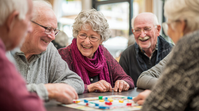 A group of elderly friends laughing and enjoying board games together, sharing joy, friendship, and fun moments in a cozy and lively indoor setting. - Powered by Adobe