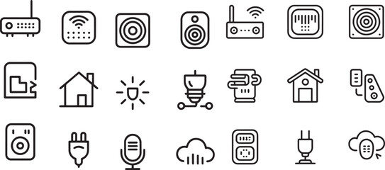 Black line art icons for technology and home automation wifi