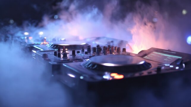 Closeup of cuttingedge DJ equipment surrounded by dynamic pulsating lights and ethereal smoke effects. Ideal for conveying the energy and excitement of live music events in promotional