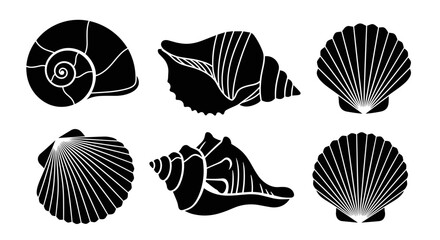 Assorted seashell silhouette vector set including scallops, spirals, and conches, perfect for ocean, beach, or marine themes