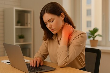 Female Office Worker Experiencing Neck Pain Due to Poor Ergonomics