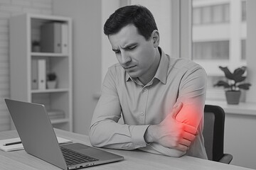 Office Syndrome: Man Experiencing Elbow Pain at Workdesk