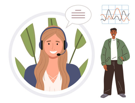 Smiling female with headset and speech bubble, man standing nearby, abstract graph lines. Ideal for communication, teamwork, analytics, customer support, remote work data sharing coaching. Modern