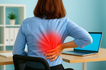Office Syndrome: Woman Experiencing Back Pain at Desk in Workplace Setting