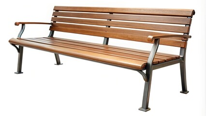 Elegant outdoor wooden bench with metal frame and armrests on white background