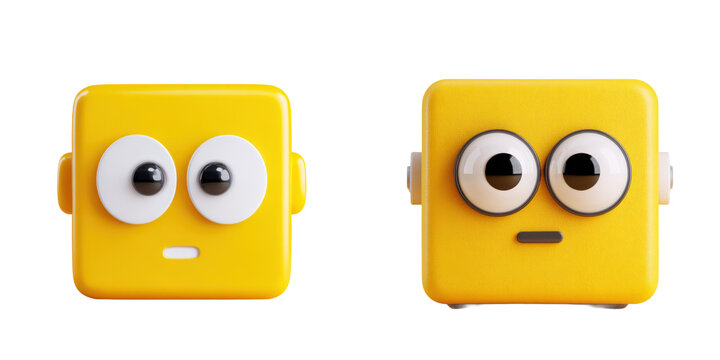Yellow square characters with eyes, cube emoji, cute, 3d render illustration, funny concept