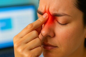 Office Syndrome and Headache Relief: Woman Suffering from Tension Pain at Work