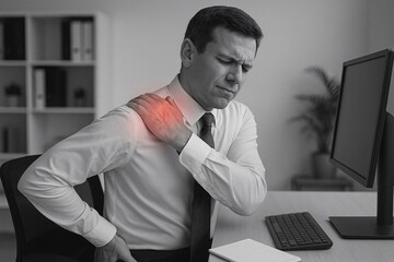 Office Syndrome Pain: Man Experiencing Shoulder Discomfort at Work with Computer