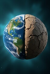 A cracked dry hemisphere of Earth contrasts with a vibrant healthy hemisphere showing continents and oceans