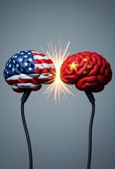 Two brains one with the US flag the other with the Chinese flag colliding with sparks