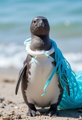 Penguin entangled in blue plastic netting on a sandy beach with the ocean in the background