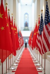 Rows of Chinese and American flags flanking a red carpet leading to a person in the distance