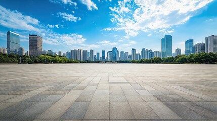 Empty Plaza Under City Skyline