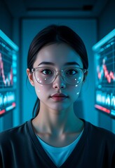 Young woman with glasses looks at financial charts on screens in a modern blue lit room