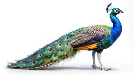 Obraz premium Majestic peacock displaying its iridescent plumage on a clean white background, artistic bird