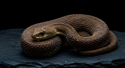 Magnificent Brown Snake Coiled on Dark Stone Dramatic Reptile Wildlife Photography