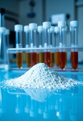 Pile of white powder with test tubes containing amber liquids in a scientific laboratory setting