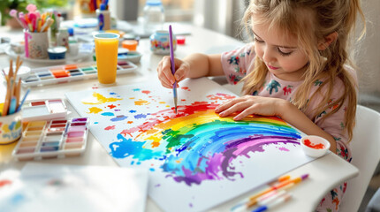 Young girl painting a vibrant rainbow with watercolors in bright indoor setting, copy space