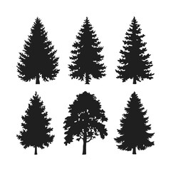 Various Evergreen and Deciduous Tree Silhouettes, black and white deciduous tree