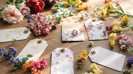 Floral gift tags surrounded by fresh flowers on wooden table, copy space