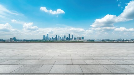 Empty Plaza Under City Skyline