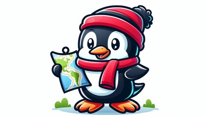 Cute Cartoon Penguin with Map and Red Hat