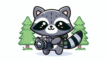 Cute Cartoon Raccoon Photographer in Snowy Forest