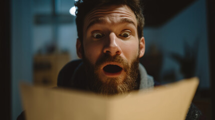 A man reading a paper with a shocked expression, surprised reaction, emotional moment, indoor setting, intense focus, dramatic gesture, unexpected news, human emotion.