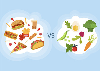 Fast food vs healthy food. Comparison of junk meals, burgers and pizza with vegetables and greens. For nutrition education and lifestyle.
