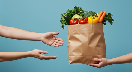 Close up Hand hold Fresh Healthy vegetable and fruit at brown paper bag on blue background. Grocery Shopping Healthy and diet food photo concept