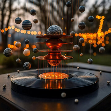Artistic Orbital Installation with Suspended Spheres and Copper Rings &mdash; Celestial-Inspired Outdoor Sculpture Featuring Planetary Motifs and Illuminated Accents in a Warm Evening Setting