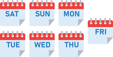 Weekdays illustrated on calendar pages representing days of the week