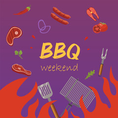 BBQ banner, grill elements, sausages, steak, shrimp, and barbecue tools. For food festival, summer event promotions.