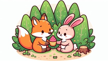 Cute Fox and Bunny Sharing a Cupcake in a Green Forest