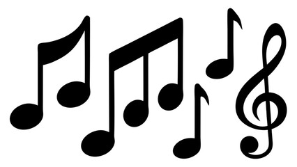 Music notes icon set in vector style. Collection of black music note symbols including eighth notes, quarter notes, and rests, isolated on white background. Ideal for music and audio design.