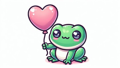 Obraz premium Cute Green Frog Holding Pink Heart Balloon
