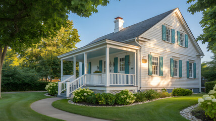 Fototapeta premium Charming Suburban Home with White Siding, Teal Shutters, and Blooming Garden in Natural Light